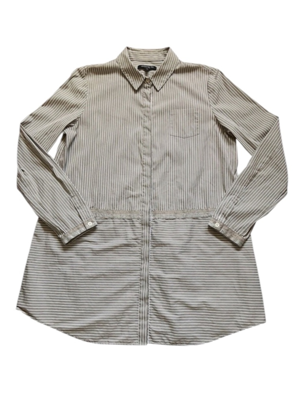 LAFAYETTE 148 Dark Beige/White Striped Button Front Tunic Top Preppy Casual MED